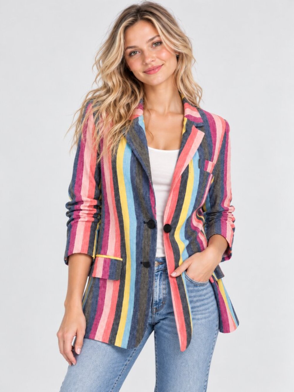 Current Air Los Angeles Women's Multicolor Striped Linen Blazer Jacket M